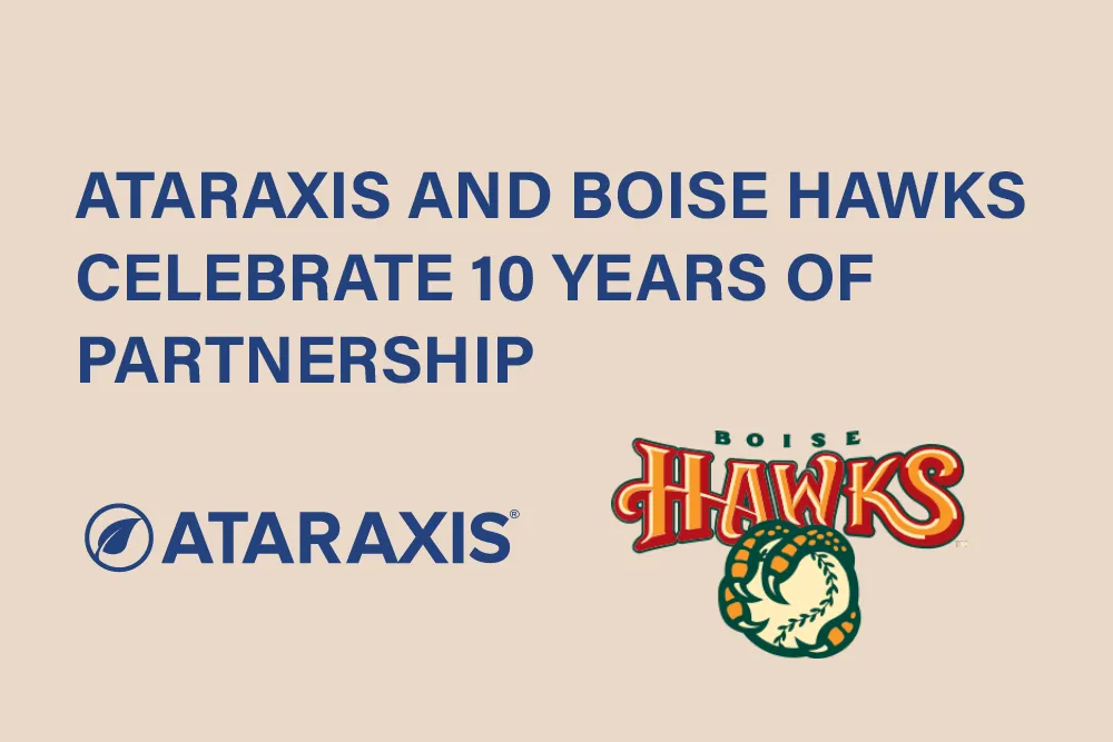 Graphic announcing that Ataraxis and the Boise Hawks are celebrating 10 years of partnership, featuring the logos of both organizations.