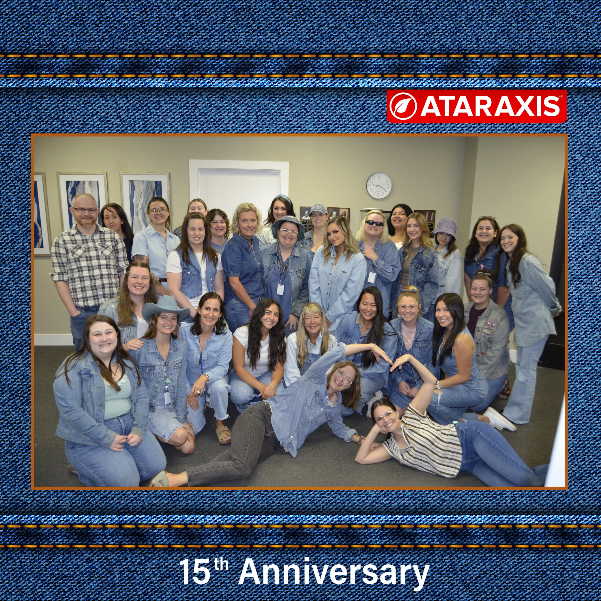 Ataraxis team wearing denim for a Canadian Blues spirit day during the 15th anniversary