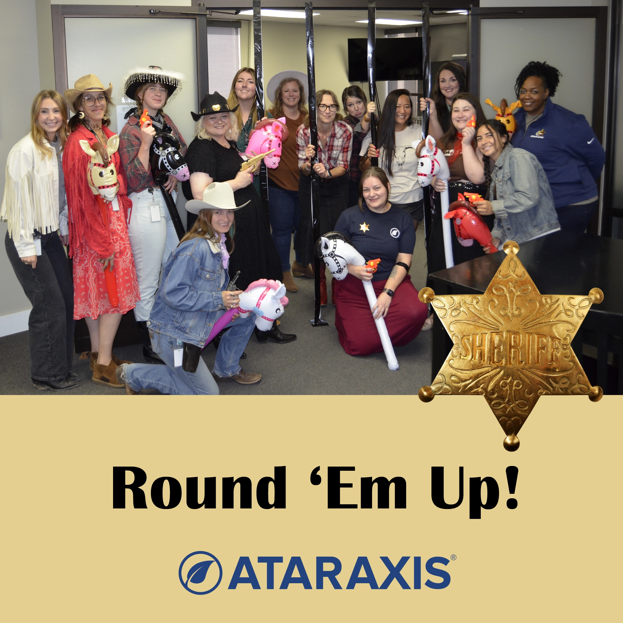 Ataraxis team in western attire for a Round Em Up company event