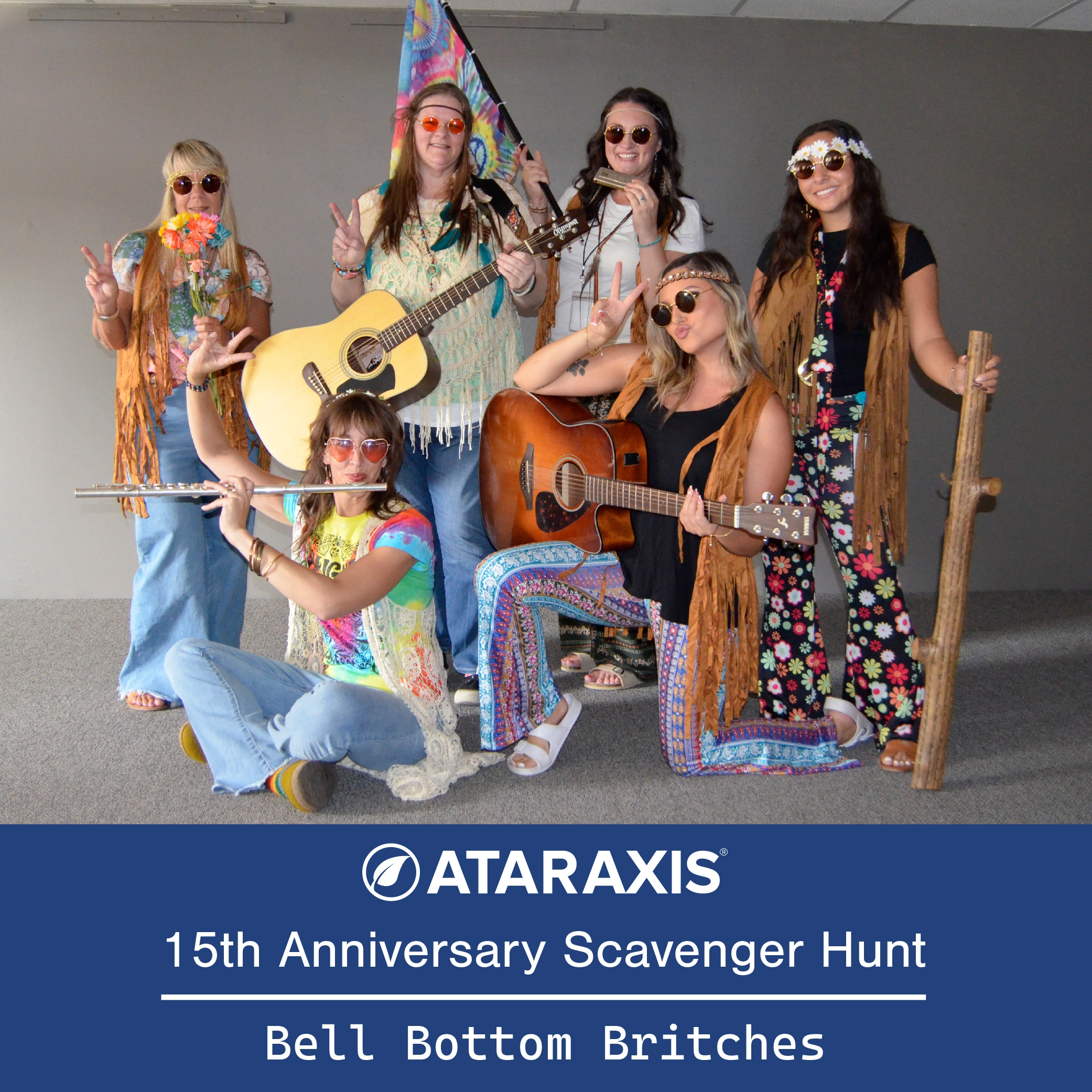 Ataraxis Bell Bottom Britches scavenger hunt team in 1960s hippie costumes